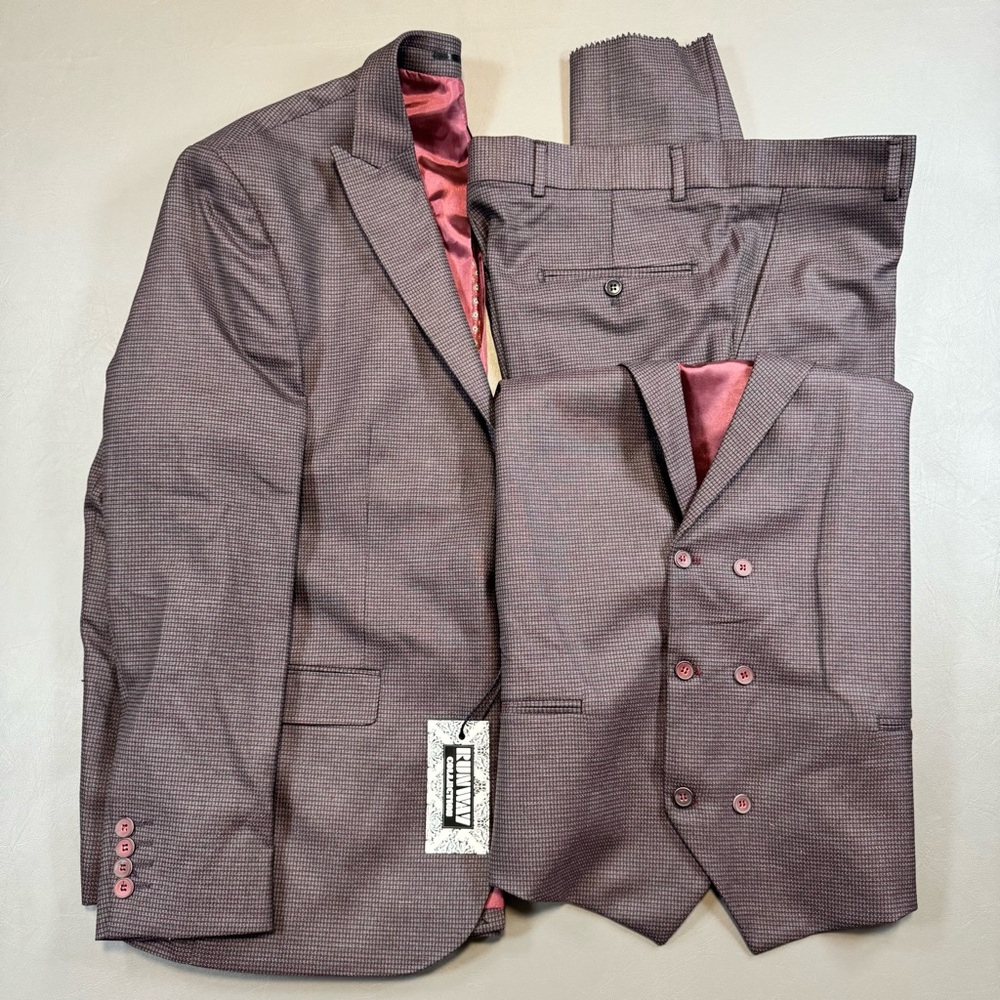 Runway Collection 3-Piece Suit Mens 40R Slim Fit Burgundy 38x34 Pants NWT